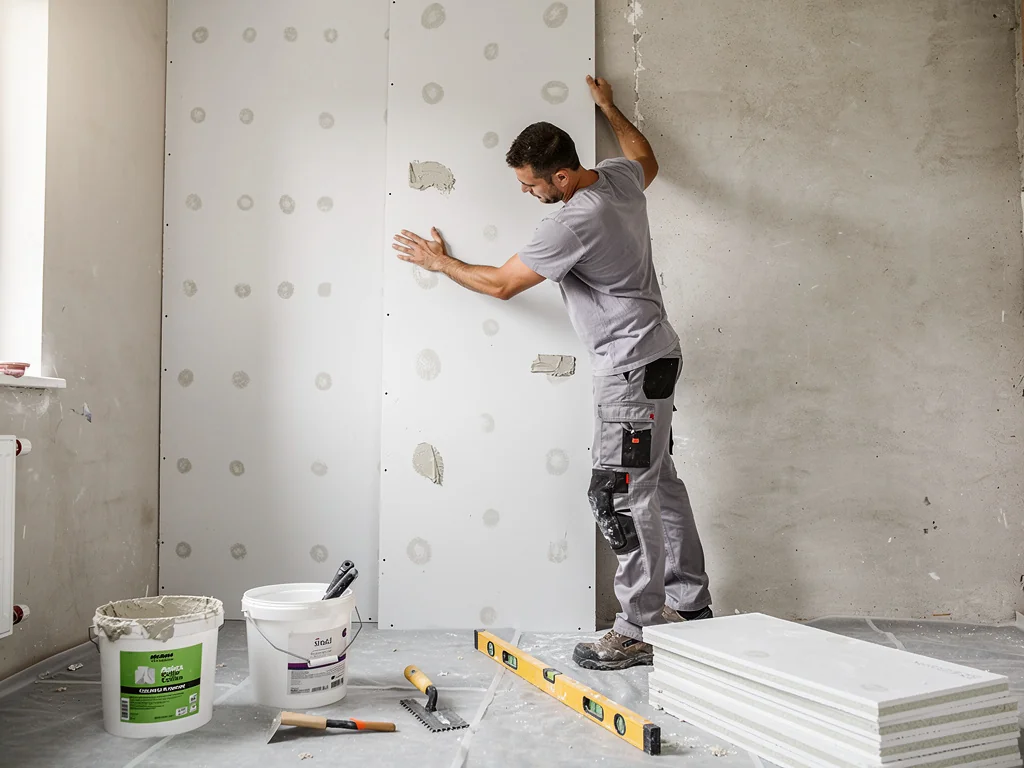 Doublage collé en cours sur un mur de chambre