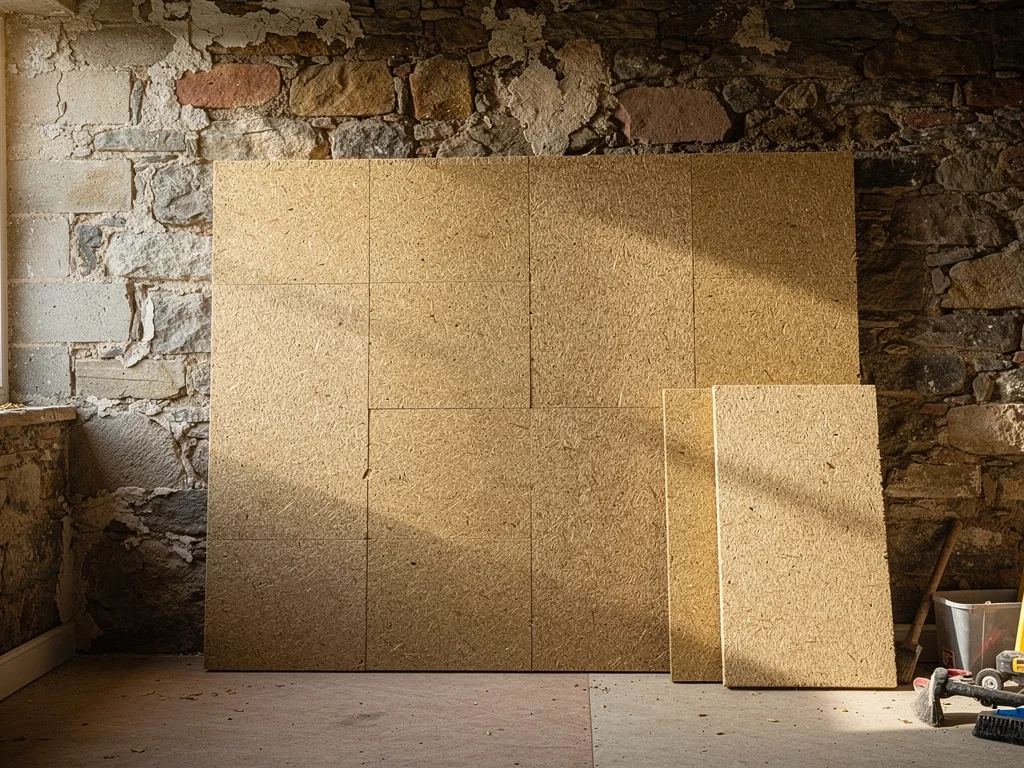 Panneaux de fibre de bois posés contre un mur ancien en pierre